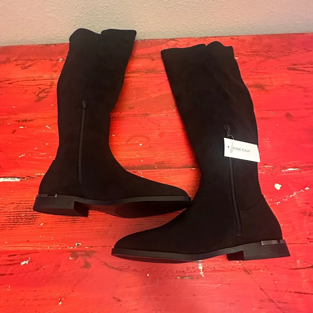 Nine West Allair2-WC Black Wide Calf Tall Boots Womens 9.5 Faux Suede Flat Heel